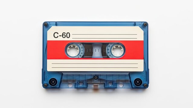Vintage Blue C-60 Audio Cassette Tape on White Background.