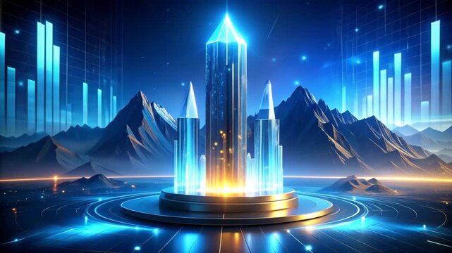 Futuristic Cityscape with Glowing Energy and Mountains