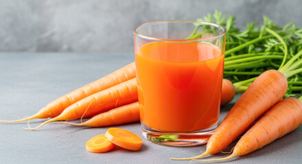 Fresh carrot juice in a clear glass surrounded by vibrant carrots and green tops, showcasing healthy beverage concept with natural ingredients