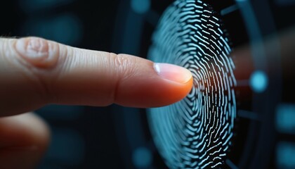 Close view of finger touching fingerprint scanner for digital identity verification. Biometric security scan unlocks access to system. Personal identification confirmed by touch.