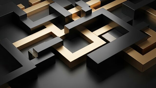 Abstract geometric background with black and gold interlocking shapes creating a complex pattern.