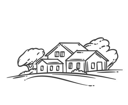 Farm village landscape with rural houses, trees and rolling land. Countryside settlement, agricultural scenery. Outline monochrome engraving style. Vector illustration.
