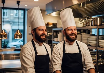 Two highly skilled bearded male chefs smiling confidently in a professional restaurant kitchen, teamwork and collaboration in the culinary industry, hospitality career success, recruitment and