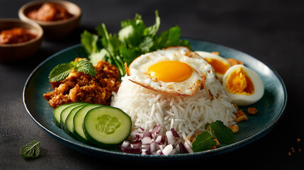 Nasi lemak plate, coconut rice, traditional side arrangement suggestion