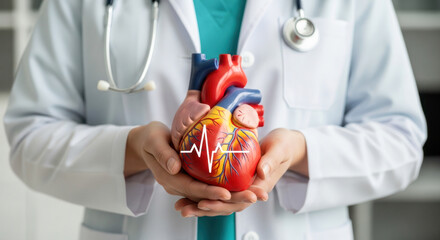 Medical professional in white coat holds anatomical heart model, symbolizing health and wellness, with stethoscope around neck, emphasizing importance of cardiovascular care and education