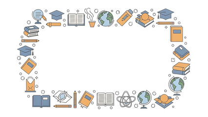 Educational icons arranged in a circular frame representing various subjects and learning tools