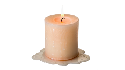 Candle burning with wax dripping around its base  isolated on transparent background
