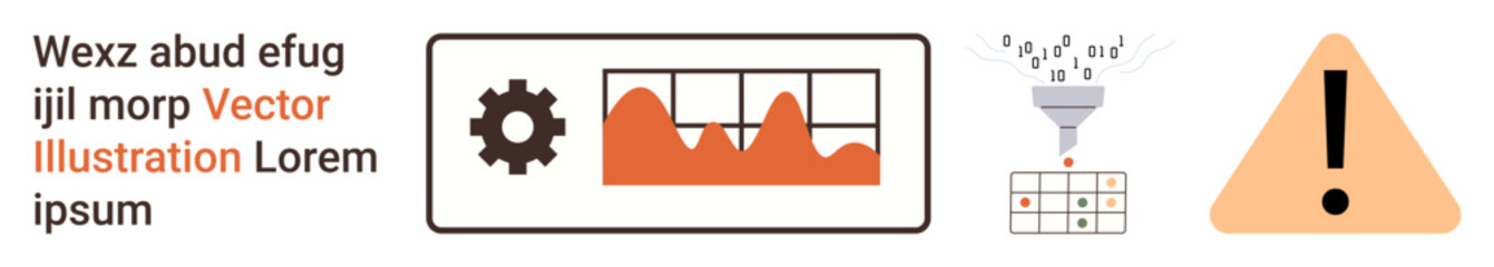 Data analysis, risk management, workflow, automation, tech processes, and information filtering. Collection of icons including graphs, filters and warning symbols. Data analysis and risk management