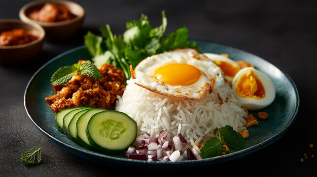 Nasi lemak plate, coconut rice, traditional side arrangement suggestion