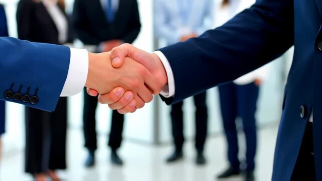 Two individuals in suits clasp hands, shaking in a business setting with others blurred in background