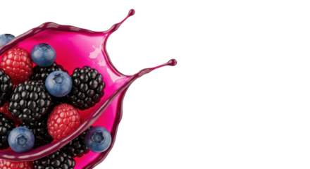 Thick, glossy berry jam compote splatter with whole blueberries and blackberries, rich magenta and dark purple hues, isolated on a transparent background with copy space. Concept of natural