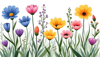 Fototapeta premium Illustration of various colorful meadow flowers. Blossom plants like blue, yellow, pink, orange, purple flowers with greenery create nature pattern on isolated white background for decoration