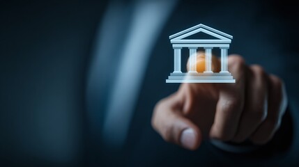 Digital Finance: A hand interacts with a virtual bank icon, symbolizing modern banking and online financial services. A seamless blend of technology and tradition.