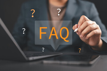 FAQ concept on social media with a businessman touching an FAQ icon, symbolizing questions and answers, online support, customer help tools, and enhanced user experience through digital guidance.