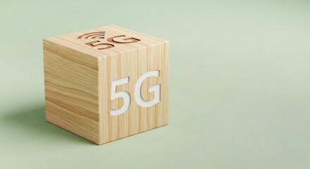 Fototapeta premium Wooden block displaying 5G symbol and logo on a soft green background, representing modern technology and connectivity in digital communication