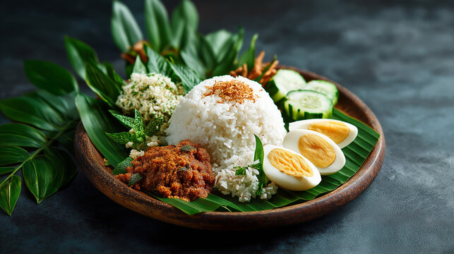 Nasi lemak plate, coconut rice, traditional side arrangement suggestion