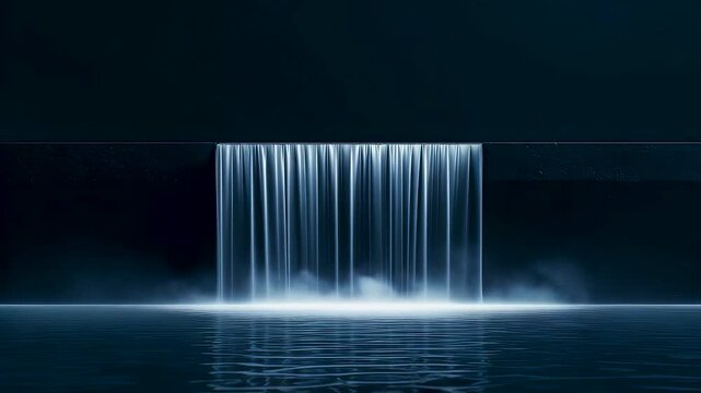 Minimal waterfall flowing into calm reflective water with mist and dark atmospheric surroundings
