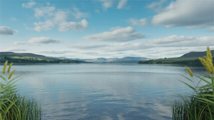 Fototapeta premium Picturesque Lake Scene with Rolling Hills and Cloudy Blue Sky water reflection