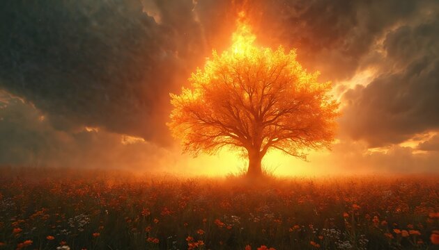 Burning tree in field with flowers glows with divine light. Biblical scene evokes religion, spirituality. Nature blends with supernatural. Symbolic encounter, faith. Dramatic sky, warm colors