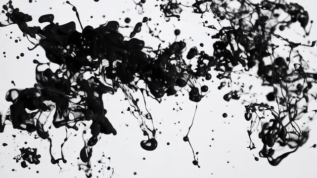 Abstract ink splashes and drips against a clean white backdrop, creating a dynamic, fluid composition