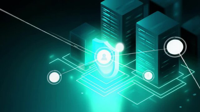 3D illustration of glowing cyan server racks in a dark data center, protected by a large translucent cyan shield icon. Neon lights and digital grid evoke cybersecurity, network defense, and data prote