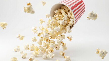 Close-up photograph of a red and white striped bucket of popcorn spilling onto a white background with popcorn pieces scattered around. © Nathan