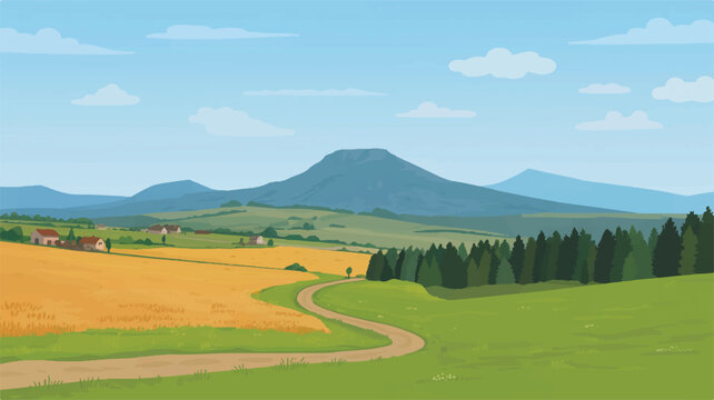 Rural landscape with a winding road, fields, forest, and mountains countryside path