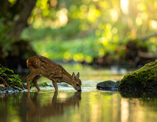 Fawn drinking water in forest stream