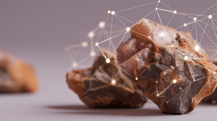 A study focuses on an ancient stone matrix with connected elements showing analytical systems in neutral colors.