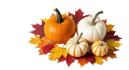 Photorealistic still life: orange pumpkin, white ghost pumpkin, striped gourd, vibrant autumn leaves, transparent background, copy space, concept of abundant autumn harvest celebration