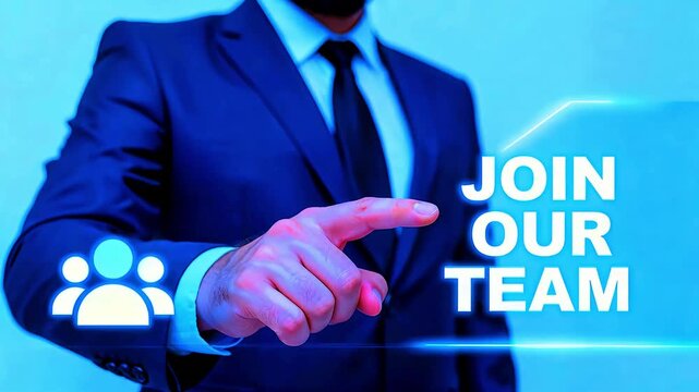 Professional businessman in a dark blue suit points toward a glowing digital invitation banner that clearly prompts viewers to join our dynamic team now.