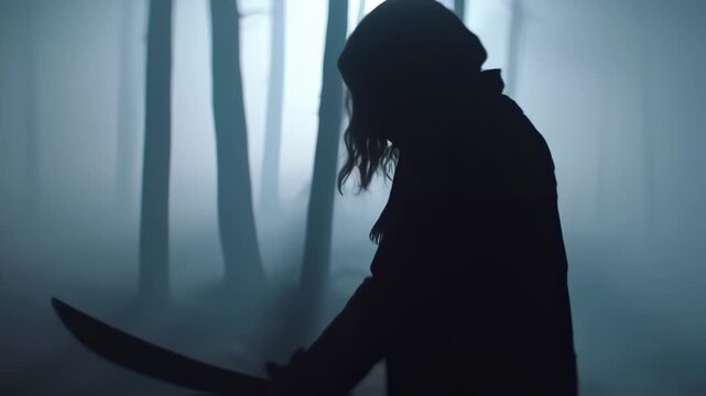 A shrouded figure, silhouetted in a misty forest, possibly holding an object