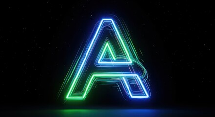 Glowing neon letter A with blue and green light trails on dark background