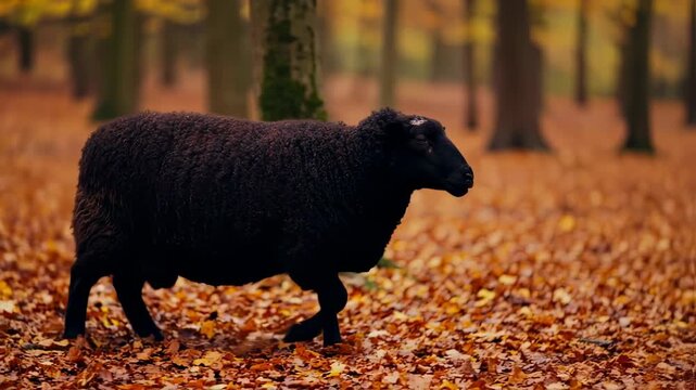 A black sheep walks in a forest filled with fallen orange leaves during autumn season