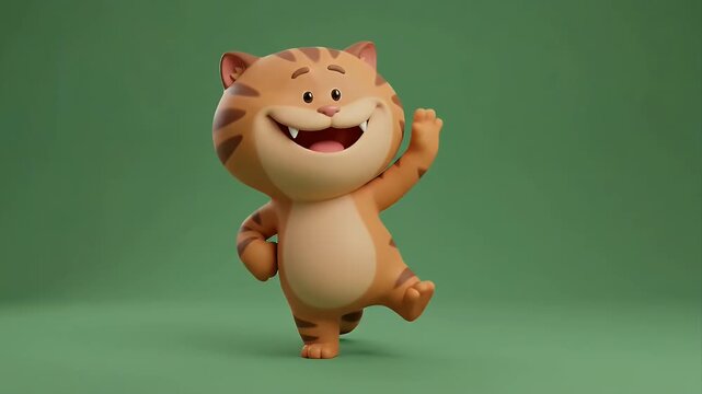 Cute cartoon tiger character poses and smiles on a green background.
