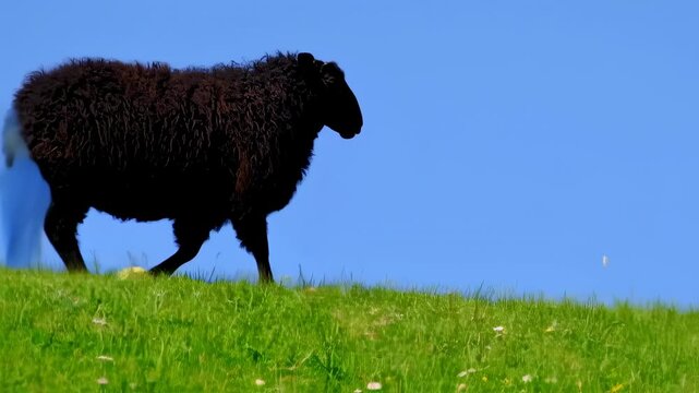 A solitary black sheep grazes on green grass against a vast blue sky, a rural pastoral scene