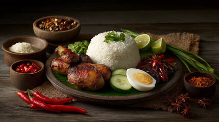 Nasi lemak plate, coconut rice, traditional side arrangement suggestion