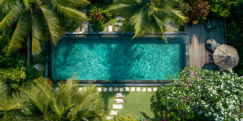Aerial view of a luxury tropical resort with swimming pools and palm trees lifestyle overhead shot