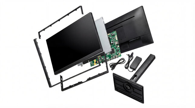 Exploded view of a disassembled computer monitor, revealing screen, internal circuitry, stand, and power adapter on white.