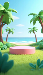 Glossy pink circular podium on green grass by a tropical beach