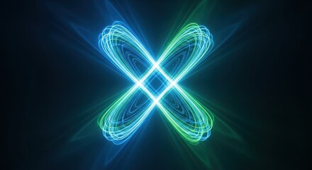 Vibrant glowing neon light design with swirling blue and green lines forming an X shape on dark background