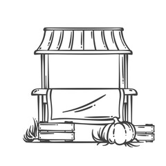 Fototapeta premium Farm market stand with wooden structure, blank sign, crates and pumpkin. Rural trading scene, local produce, countryside atmosphere. Outline monochrome engraving, vintage line art. Vector illustration