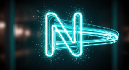 Glowing neon letter N with dynamic blue light trails on dark background