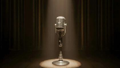 Vintage microphone on a stand illuminated by a spotlight on a dark stage.
