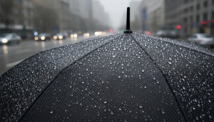 Black umbrella with rain drops on a city street during rainy day