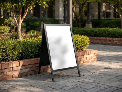Blank A-frame sign standing on a paved walkway in a green urban park. Outdoor advertising mockup with natural light and lifestyle atmosphere.