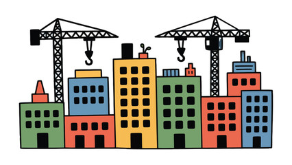Obraz premium Building Dreams: A vibrant cityscape sketch with construction cranes, illustrating urban development and architectural progress. 