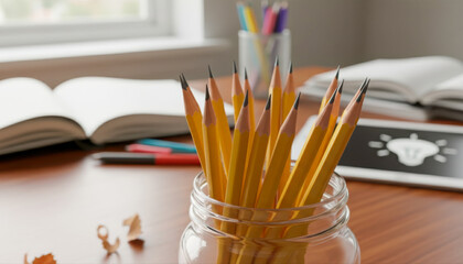 Pencils in a jar on a wooden desk with books and stationery