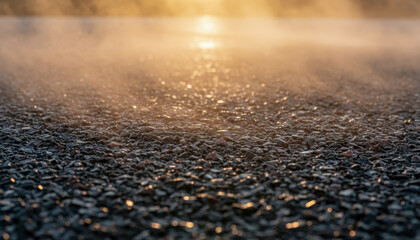 Wet asphalt road surface with sunlight reflection at sunrise or sunset.