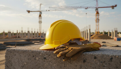 Construction hard hat and gloves on concrete block at building site